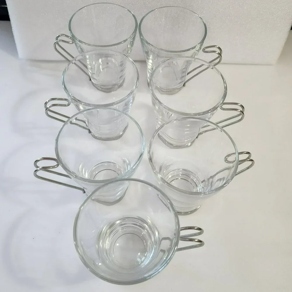 Vintage Clear Glass Cappuccino Expresso Tea Cup Coffee Mug Set of 7 Metal Handle